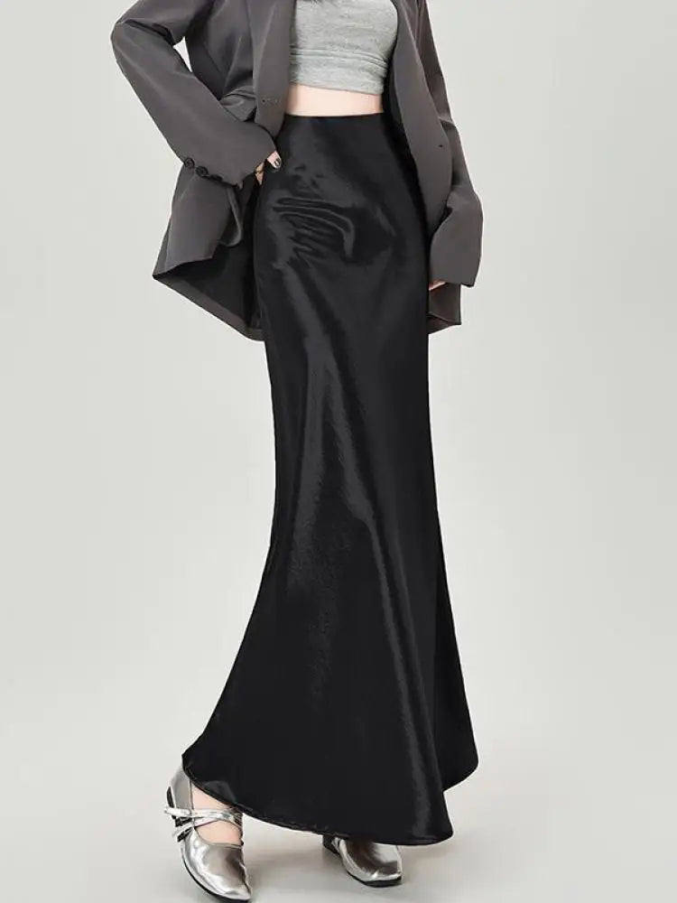 French Fashion Women Black Beige High Waist Long Skirt 2025 Spring Summer Khaki Vacation Party Pleated Fishtail Skirt Simplicity