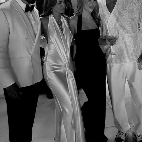 Load image into Gallery viewer, Satin Deep V Neck Backless Sexy Maxi Dress Women Elegant Halter Sleeveless Lace-up High Waist Draped Ruched Long Dress
