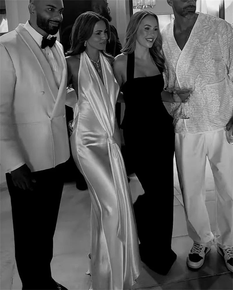 Satin Deep V Neck Backless Sexy Maxi Dress Women Elegant Halter Sleeveless Lace-up High Waist Draped Ruched Long Dress