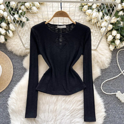 Load image into Gallery viewer, Vintage Fashion Women's Solid Long Sleeved Hollow Out Slim Short T Shirt 2025 Spring Elegant Versatile Ladies Festival Tops Chic
