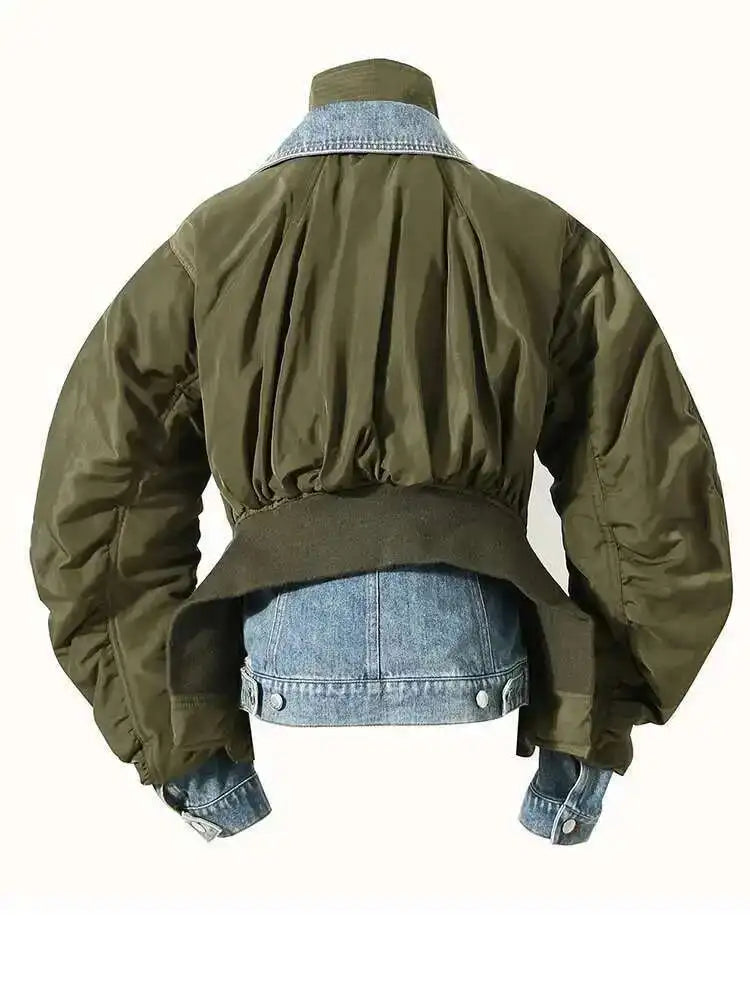 Blue Denim Color-block Big Size Jacket New Stand Collar Long Sleeve Women Coat Fashion Tide Spring Autumn 2025 7Z249