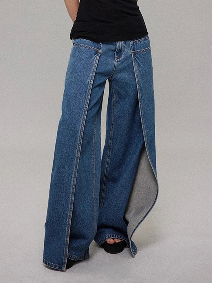 Loose Design Sense Minimalist Jeans for Women High Waist Spliced Pockets Fashion Wide Leg Jean Female Clothing New
