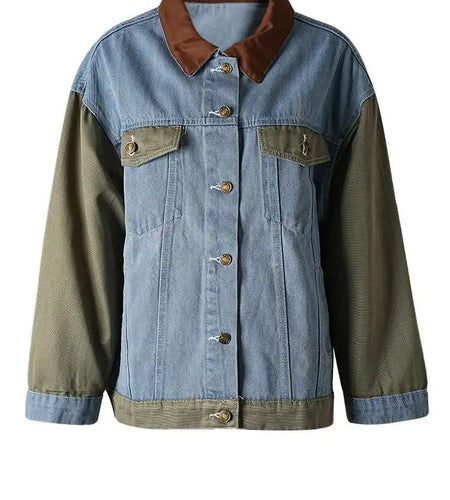 Green Denim Color-block Big Size Casual Jacket New Lapel Long Sleeve Women Coat Fashion Tide Spring Autumn 2025 CP3516