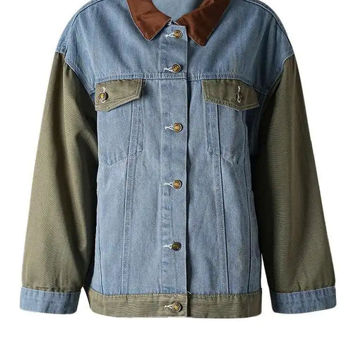 Load image into Gallery viewer, Green Denim Color-block Big Size Casual Jacket New Lapel Long Sleeve Women Coat Fashion Tide Spring Autumn 2025 CP3516
