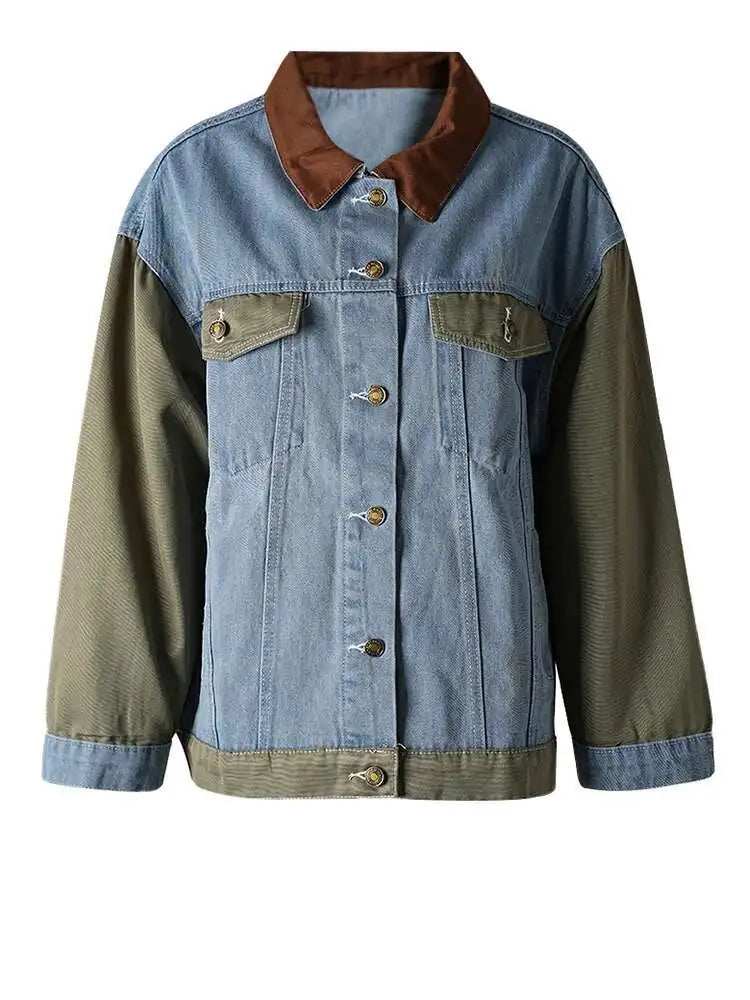 Green Denim Color-block Big Size Casual Jacket New Lapel Long Sleeve Women Coat Fashion Tide Spring Autumn 2025 CP3516