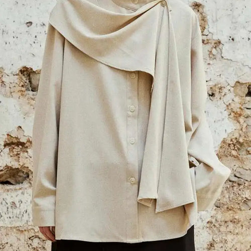 Load image into Gallery viewer, Women Khaki With Scarf Big Size Elegant Blouse New Stand Collar Long Sleeve Shirt Fashion Tide Spring Autumn 2025 1DH6989
