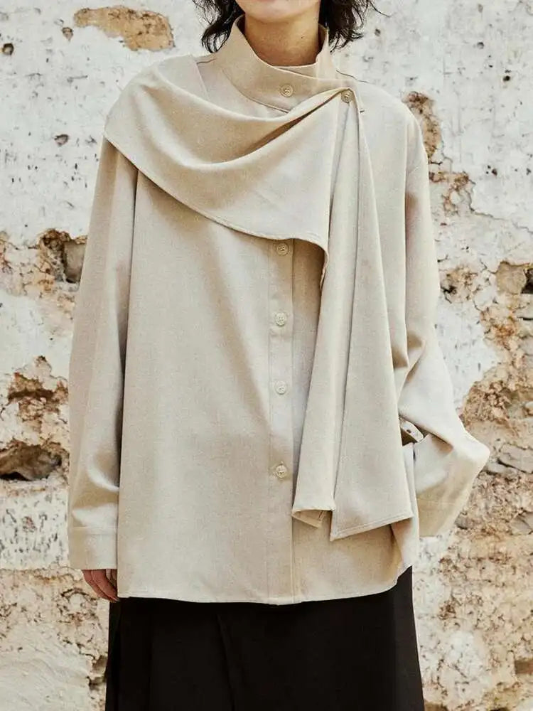 Women Khaki With Scarf Big Size Elegant Blouse New Stand Collar Long Sleeve Shirt Fashion Tide Spring Autumn 2025 1DH6989