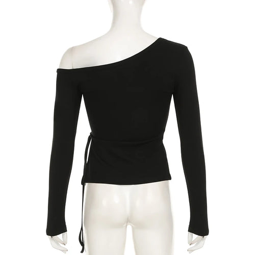 Load image into Gallery viewer, Skew Neck With Rivet Skinny T-shirt Women‘s Black Long Sleeve Side Drawstring Design Top Tees Female Daily Streetwear
