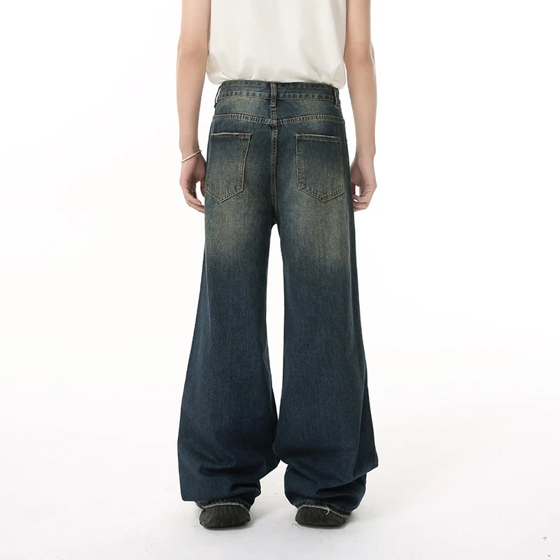 High Street Men's Denim Pants New Worn-out Contrast Color Wide Leg Jeans Hole Straight Personailty Male Trousers 9W1839