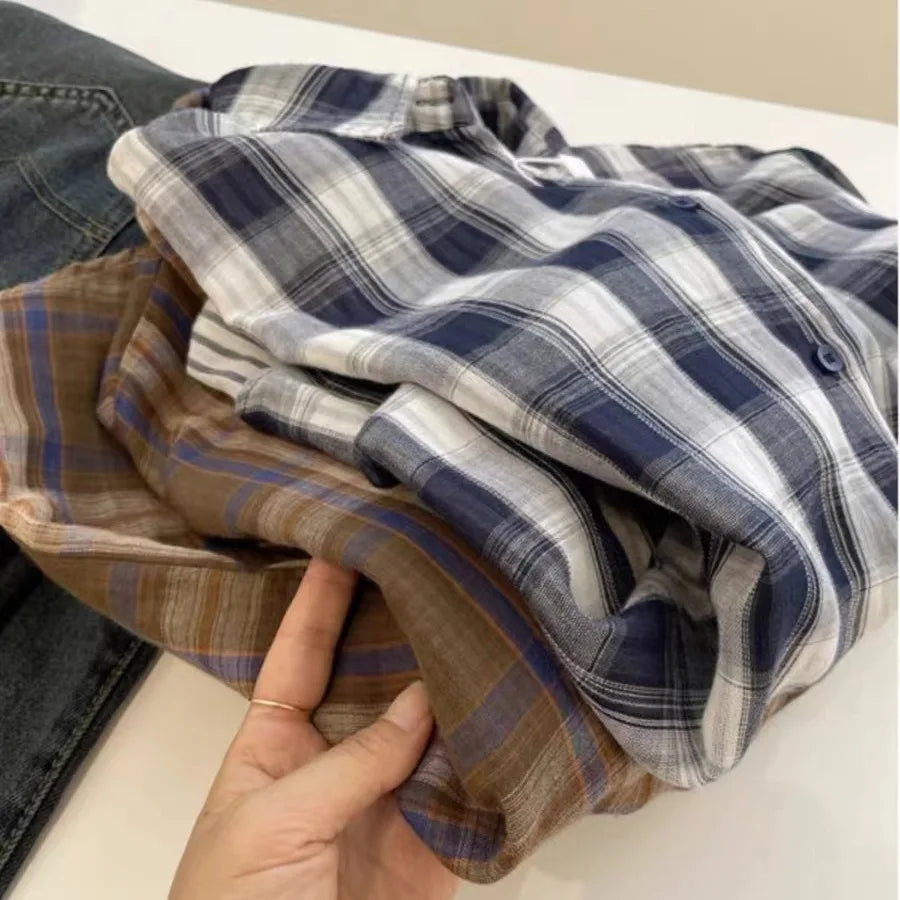 Autumn Vintage Blue Checkered Single Breasted Shirt Women New Brown Plaid Casual Loose Long Sleeve Fashion Versatile Blouses Top
