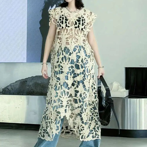 Load image into Gallery viewer, Women Black Lace Hollow Out Perspective Big Size Dress New Round Neck Sleeveless Fashion Tide Spring Summer 2025 1DJ0243
