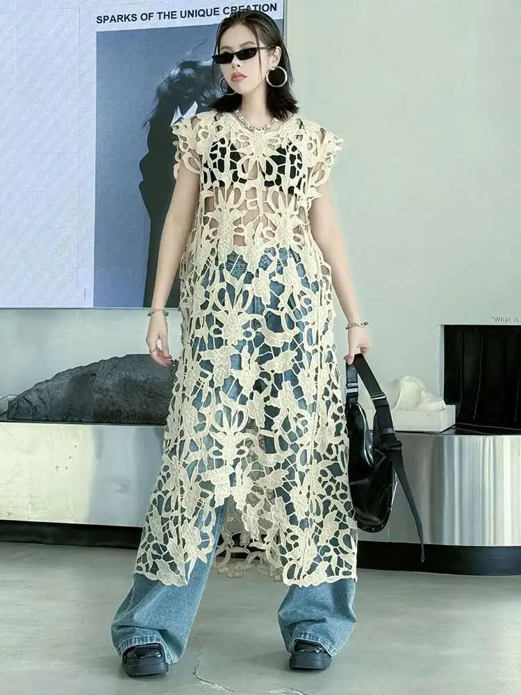 Women Black Lace Hollow Out Perspective Big Size Dress New Round Neck Sleeveless Fashion Tide Spring Summer 2025 1DJ0243