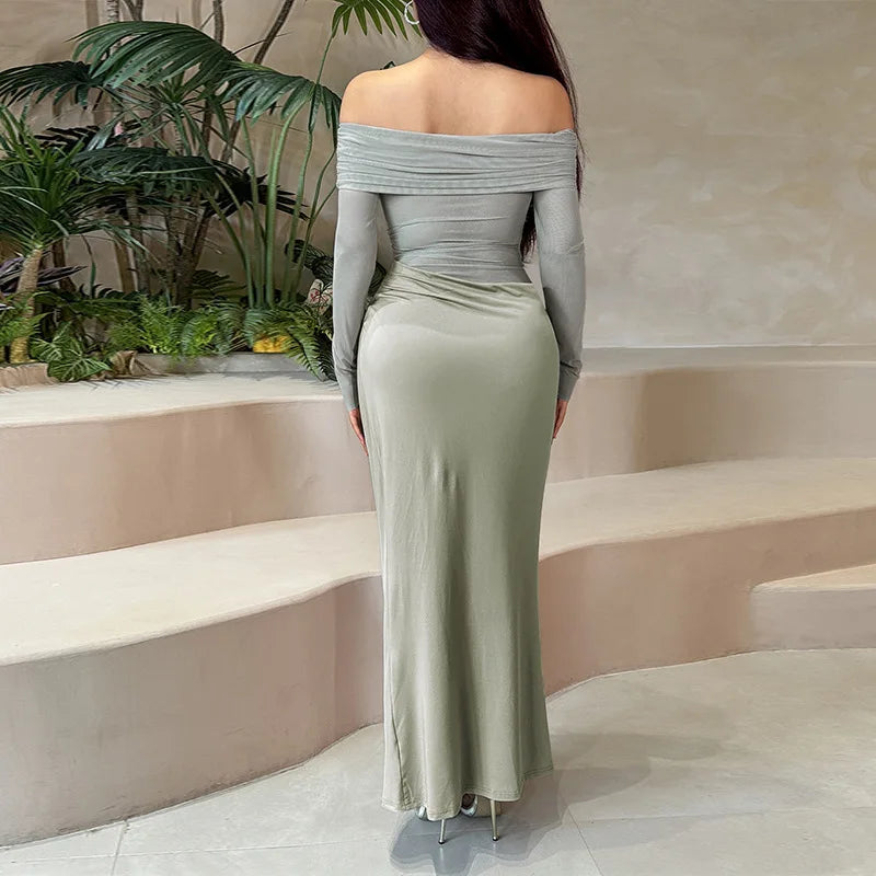 Off-shoulder Mesh See Through Sexy Maxi Dress For Women Elegant Strapless Long Sleeve Backless Bodycon Club Party Dress