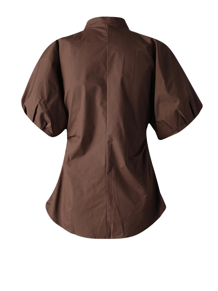 Women Coffee Shaped Elegant Blouse New Stand Collar Short Puff Sleeve Shirt Fashion Tide Spring Summer 2025 CPG3251