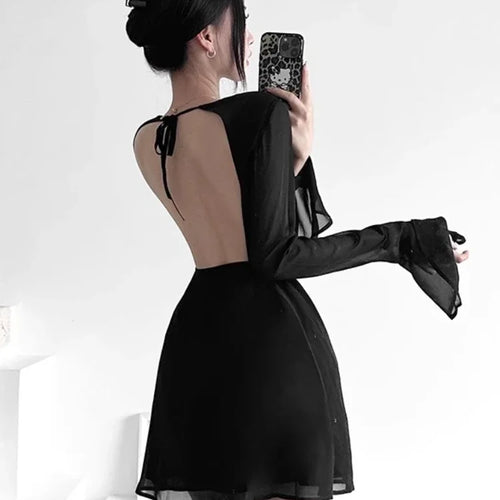 Load image into Gallery viewer, Sexy Backless Black Party Short Dresses Women Mesh Lace Up Flare Long Sleeve Mini Dress Wrap Slim Spring Fashion
