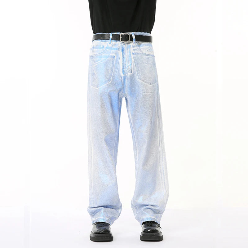 Male Silver Blue Deinm Pants New High Street Apply Wax Gloss Straight Loose Men's Jeans Summer Chic Trendy 9C6672