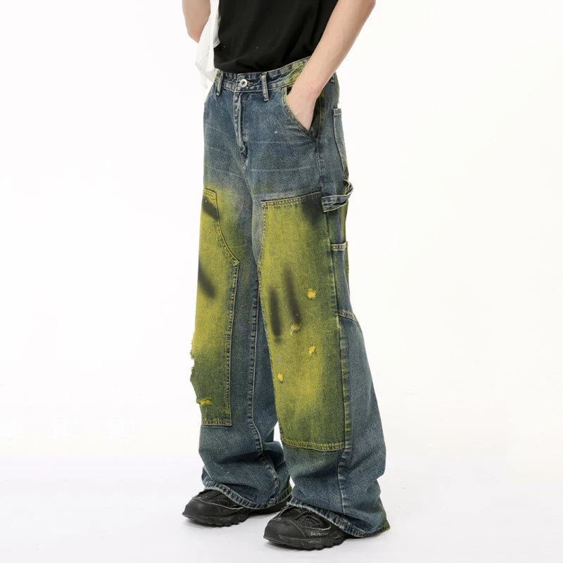 American Style Men's Jeans Worn-out Tie-dye Hole Casual Male Denim Pants Patchwork Contrast Color Menwear Tide 9C6512