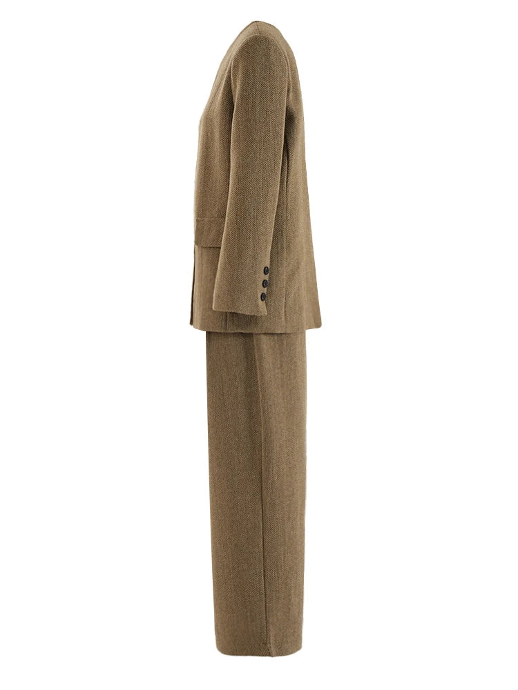 Big Size Khaki Blazer Wide Leg Pants Two Piece Suit New O-Neck Long Sleeve Women Fashion Tide Spring Autumn 2025 16O1911