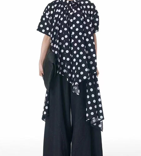 Women Black Pleated Dot Irregular Big Size Blouse New Lapel Short Sleeve Shirt Fashion Tide Spring Summer 2025 1DJ0890