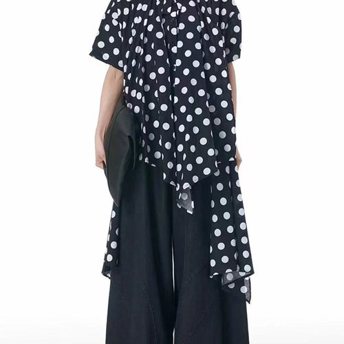 Load image into Gallery viewer, Women Black Pleated Dot Irregular Big Size Blouse New Lapel Short Sleeve Shirt Fashion Tide Spring Summer 2025 1DJ0890
