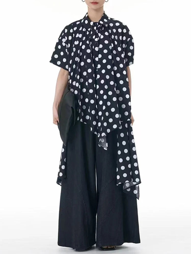 Women Black Pleated Dot Irregular Big Size Blouse New Lapel Short Sleeve Shirt Fashion Tide Spring Summer 2025 1DJ0890