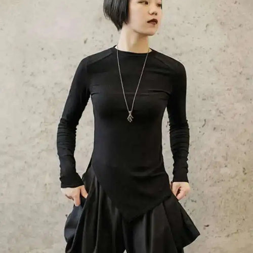 Load image into Gallery viewer, Women Burr Split Joint Asymmetrical Temperament T-shirt New Round Neck Long Sleeve  Fashion Tide  Spring Autumn 2025 1H312
