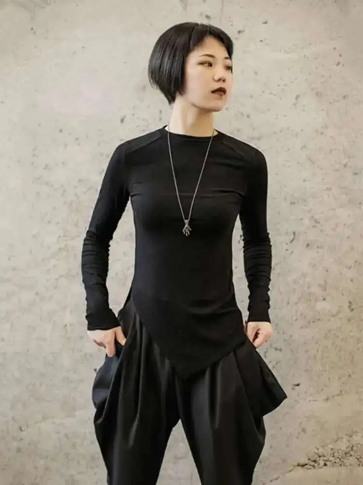 Women Burr Split Joint Asymmetrical Temperament T-shirt New Round Neck Long Sleeve  Fashion Tide  Spring Autumn 2025 1H312