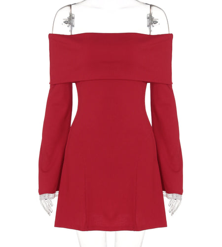 Slash Neck Long Sleeve Solid Patchwork Sexy Bodycon Mini Prom Dress Winter Women Elegant Outfits Evening Party New Year