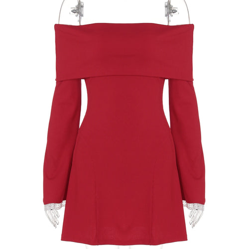 Load image into Gallery viewer, Slash Neck Long Sleeve Solid Patchwork Sexy Bodycon Mini Prom Dress Winter Women Elegant Outfits Evening Party New Year
