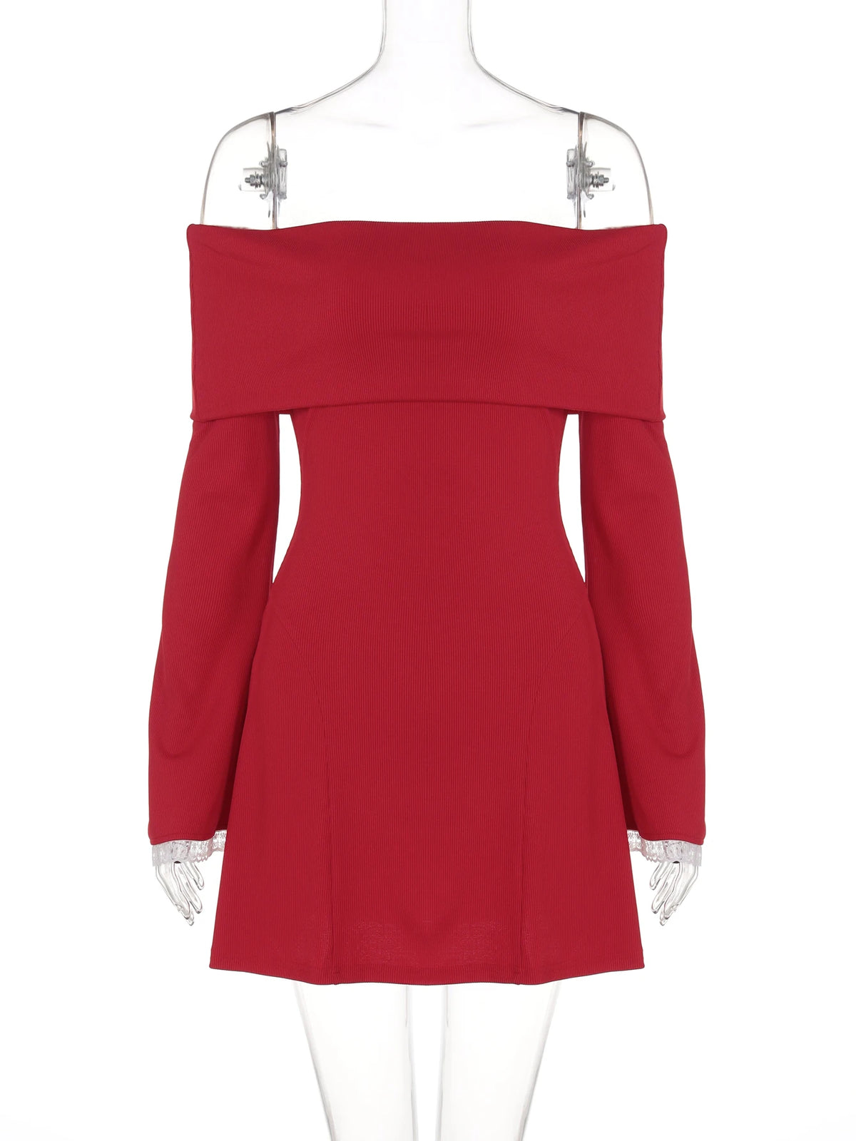 Slash Neck Long Sleeve Solid Patchwork Sexy Bodycon Mini Prom Dress Winter Women Elegant Outfits Evening Party New Year