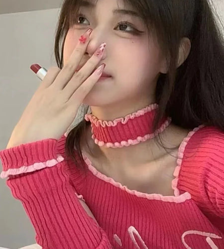 Y2k Embroidery Kni Pullovers Women Spring Letter T Shirt Korean Sexy Crop Off Shoulder Top Korean Fashion Kpop