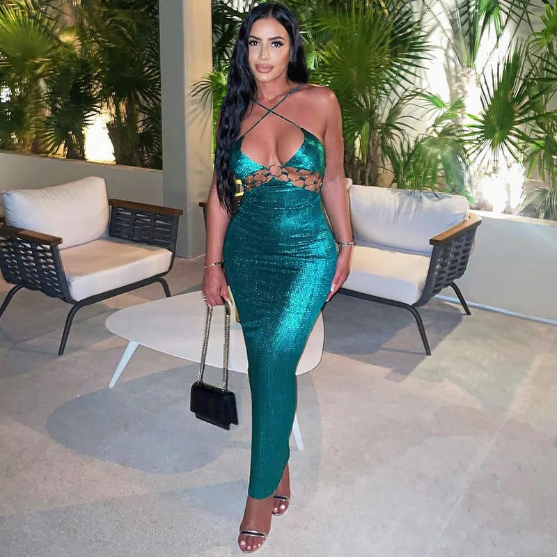 Spaghetti Strap Backless Bodycon Maxi Dress For Women Robe Off-shoulder Hollow Out Strapless Club Party Sexy Dress