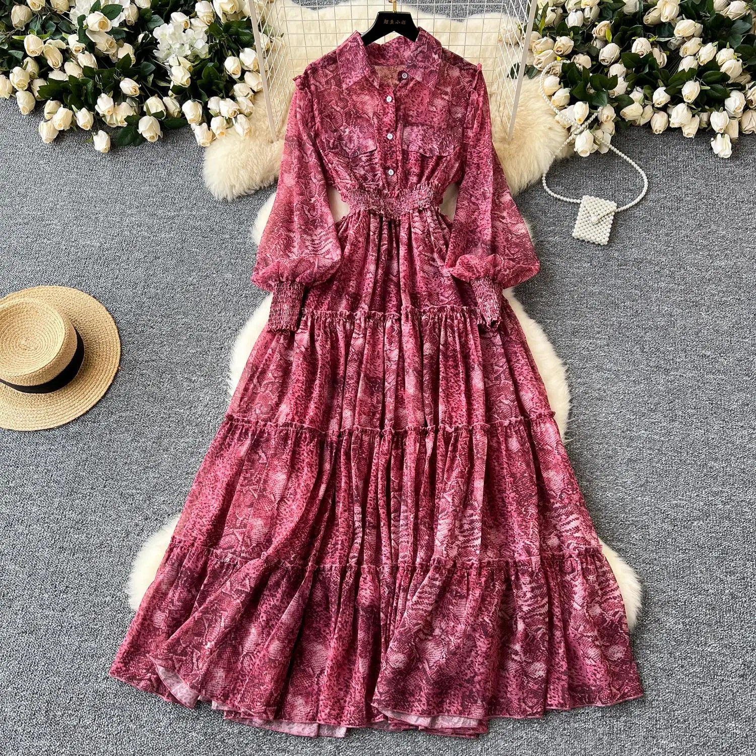 Retro 2024 Autumn Women Print Elegant Lantern Sleeves Long Dress High Waist Single Breasted Evening Party Pleated Shirt Dresses