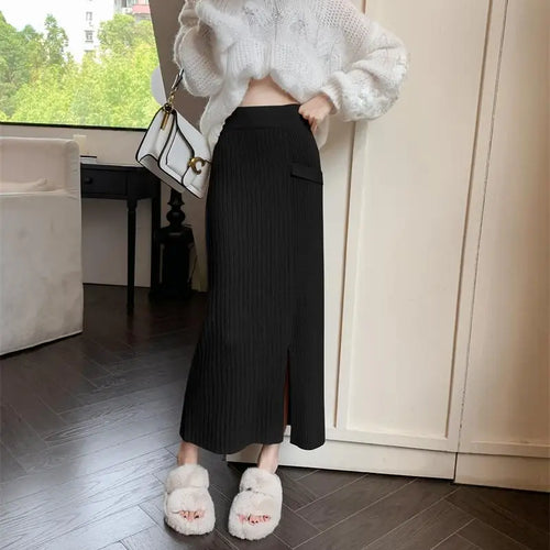 Load image into Gallery viewer, Women Solid Festival Knitted Long Skirt High Waist Slim Autumn Winter Elastic Waist Wrap Hip Split Skirts Fashion Elegant Ladies
