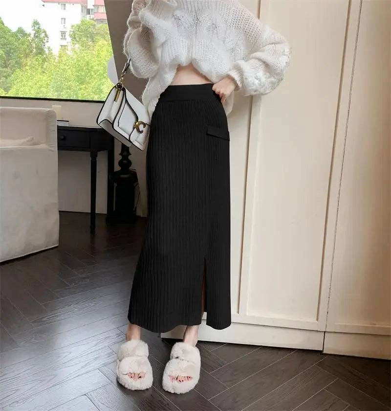 Women Solid Festival Knitted Long Skirt High Waist Slim Autumn Winter Elastic Waist Wrap Hip Split Skirts Fashion Elegant Ladies