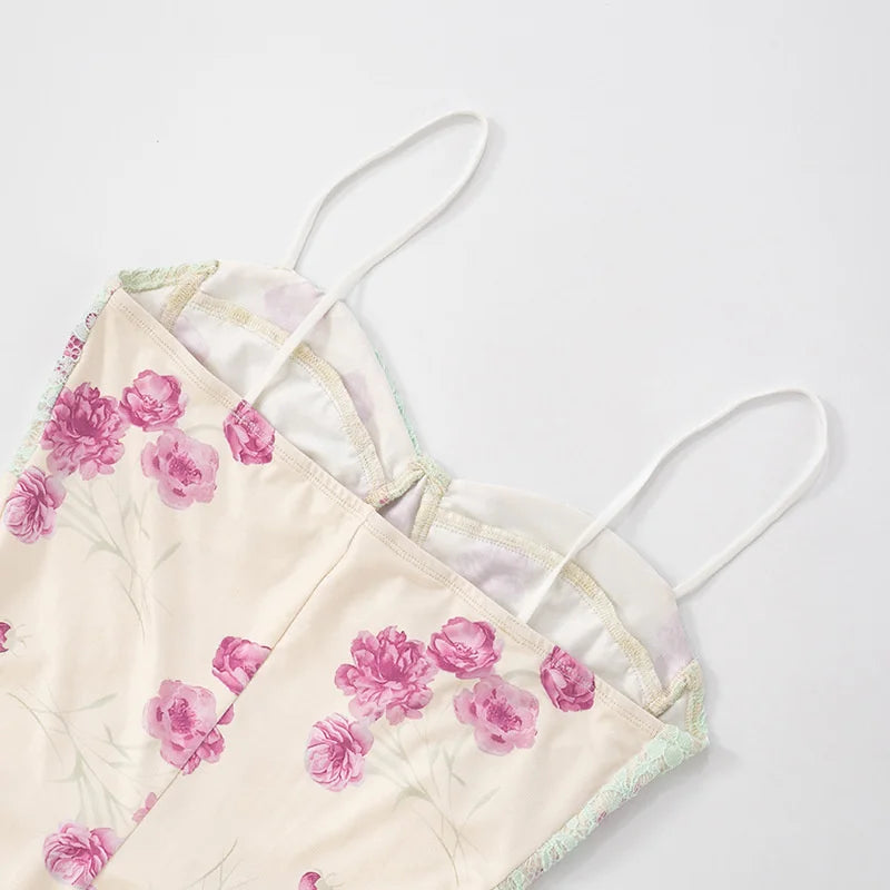 Lace Print Spaghetti Strap Sexy Maxi Dress Women Elegant Off-shoulder Sleeveless Backless High Waist Bodycon Dress