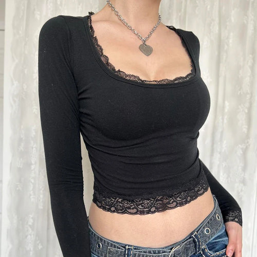 Load image into Gallery viewer, Casual Basic Square Neck Women T-shirt Long Sleeve Autumn Tee Knit Lace Trim Y2K Vintage Cropped Top Slim All-Match
