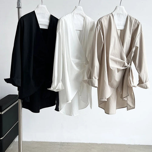 Load image into Gallery viewer, Women Black Bandage Elegant Irregular Big Size Blouse New V-neck Long Sleeve Shirt Fashion Tide Spring Autumn 2025 1DJ0509
