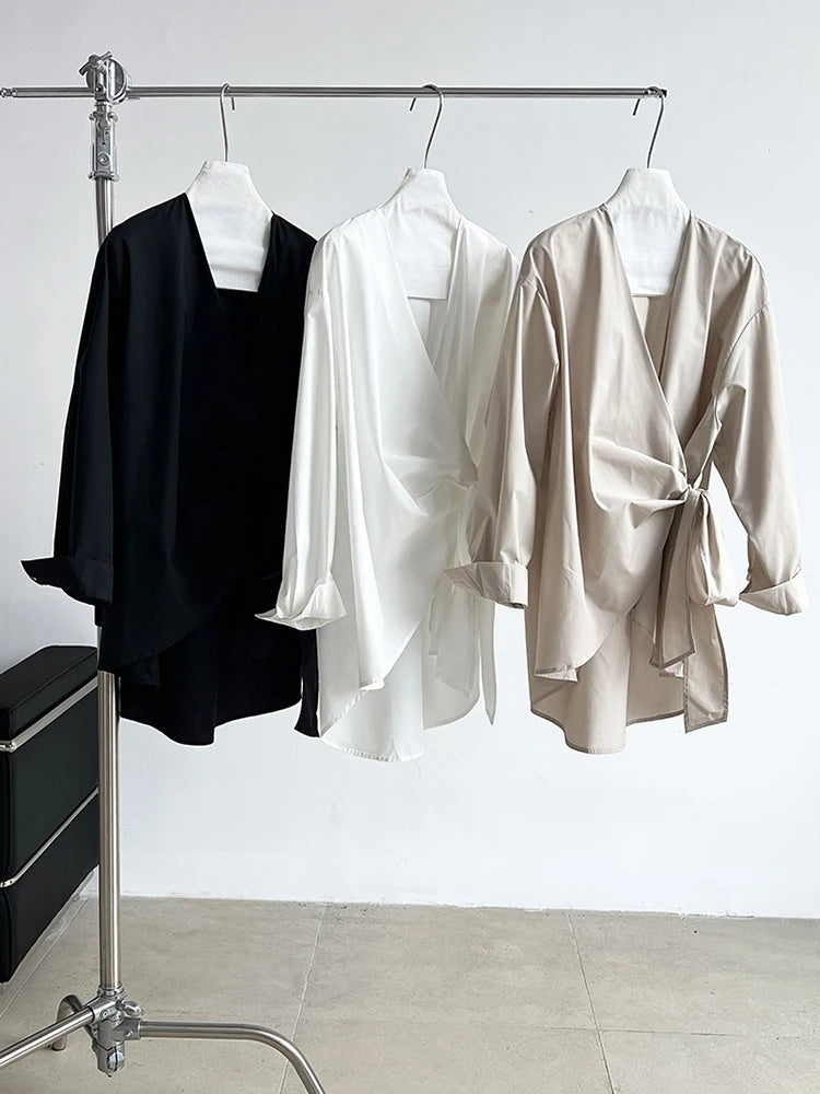 Women Black Bandage Elegant Irregular Big Size Blouse New V-neck Long Sleeve Shirt Fashion Tide Spring Autumn 2025 1DJ0509