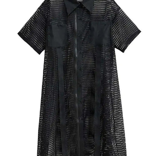 Load image into Gallery viewer, Women Black Mesh Perspective Midi Big Size Shirt Dress New Lapel Short Sleeve Fashion Tide Spring Summer 2025 1DH4934
