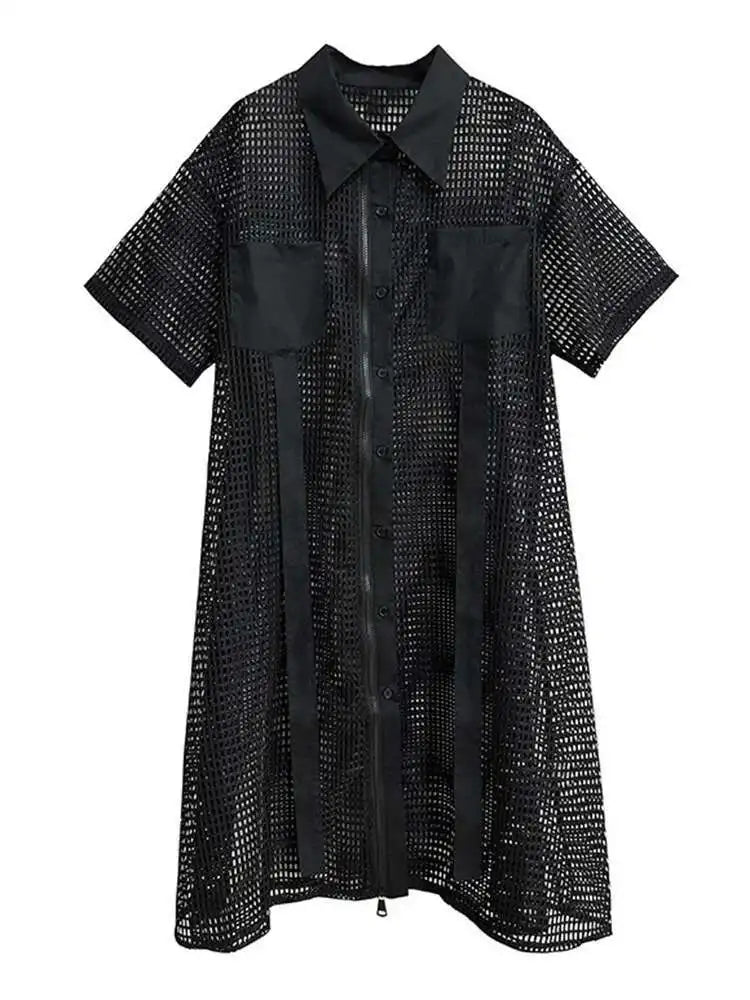 Women Black Mesh Perspective Midi Big Size Shirt Dress New Lapel Short Sleeve Fashion Tide Spring Summer 2025 1DH4934