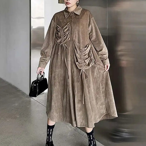 Load image into Gallery viewer, Women Khaki Drawstring Irregular Big Size Elegant Midi Dress New Long Sleeve Fashion Tide Spring Autumn 2025 1DH7270
