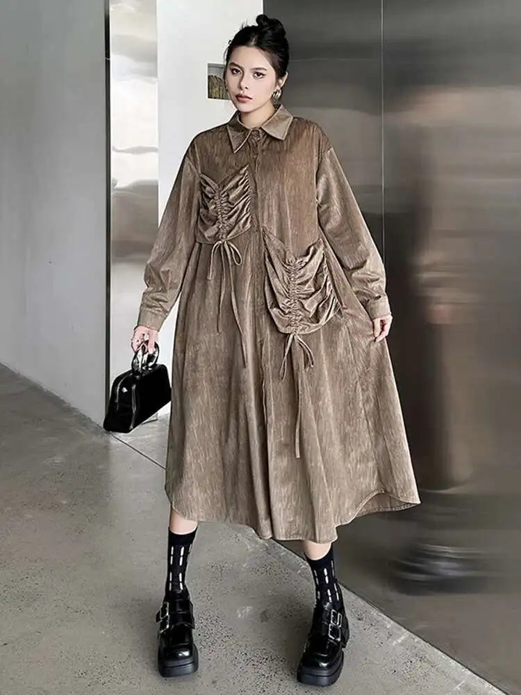 Women Khaki Drawstring Irregular Big Size Elegant Midi Dress New Long Sleeve Fashion Tide Spring Autumn 2025 1DH7270