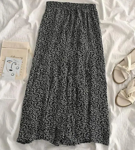 Spring Summer New Black Beige Print Elegant Vacation Party Pleated Skirt Women French Fashion Elastic High Waist Long Skirt Boho
