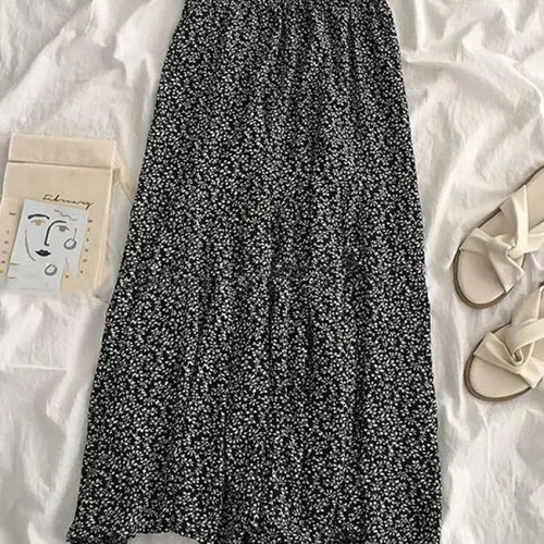 Load image into Gallery viewer, Spring Summer New Black Beige Print Elegant Vacation Party Pleated Skirt Women French Fashion Elastic High Waist Long Skirt Boho
