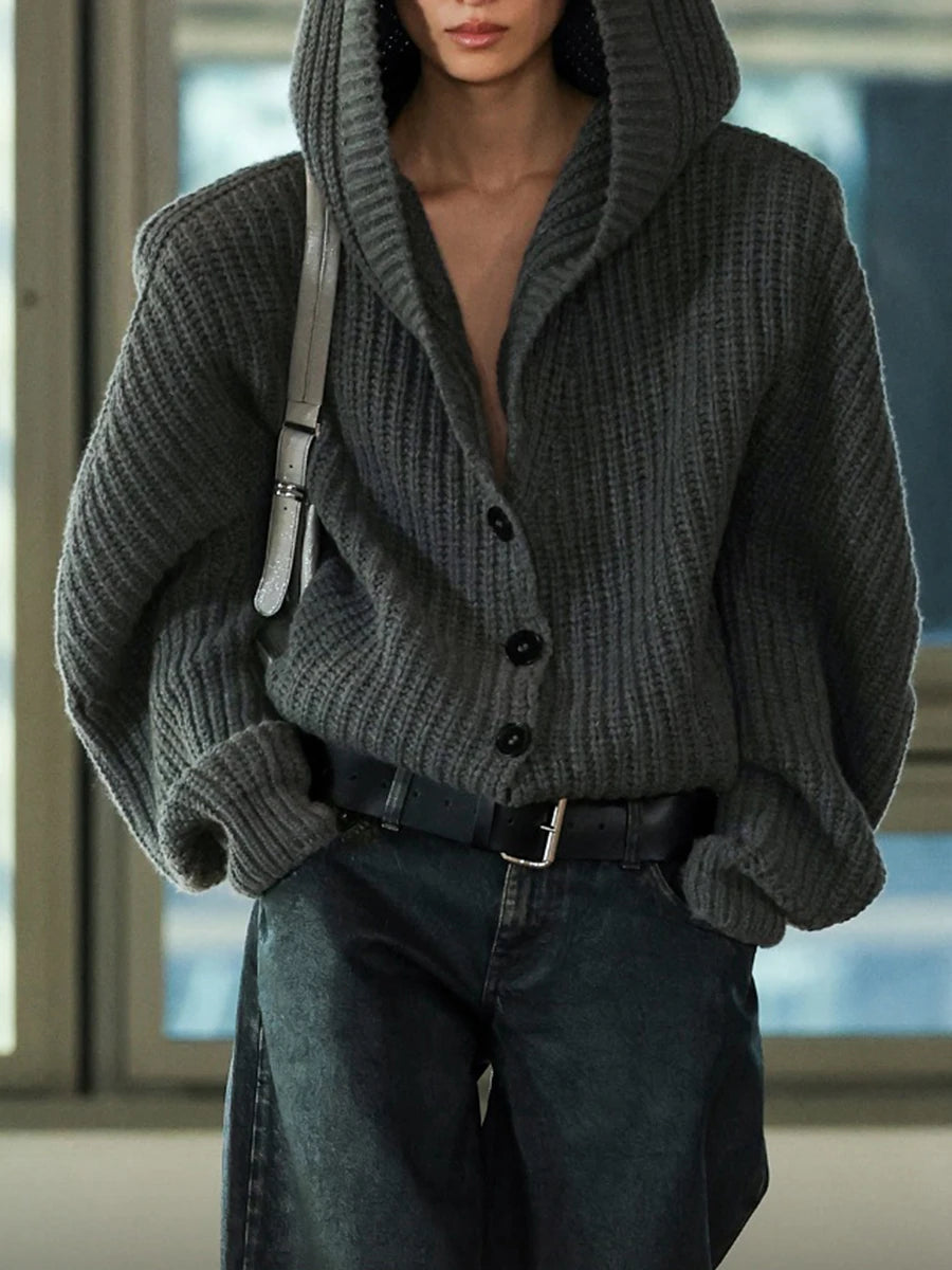 Solid Loose Spliced Hat Casual Cardigan for Women V Neck Long Sleeves Patchwork Single Breasted Cardigan Female New