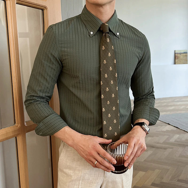 Men's Shirts Long Sleeve Striped Design Lapel Trendy Single Breasted Handsome Male Casual Clothing Summer 9W1876