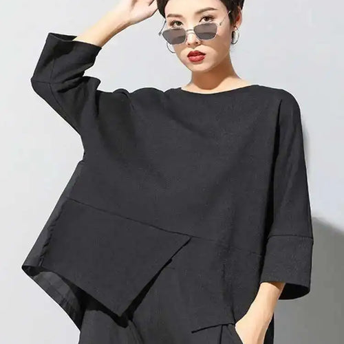 Load image into Gallery viewer, Women Black Back Ruffles Big Size Casual T-shirt New Round Neck Three-quarter Sleeve Fashion Spring Autumn 2025 1DF4682
