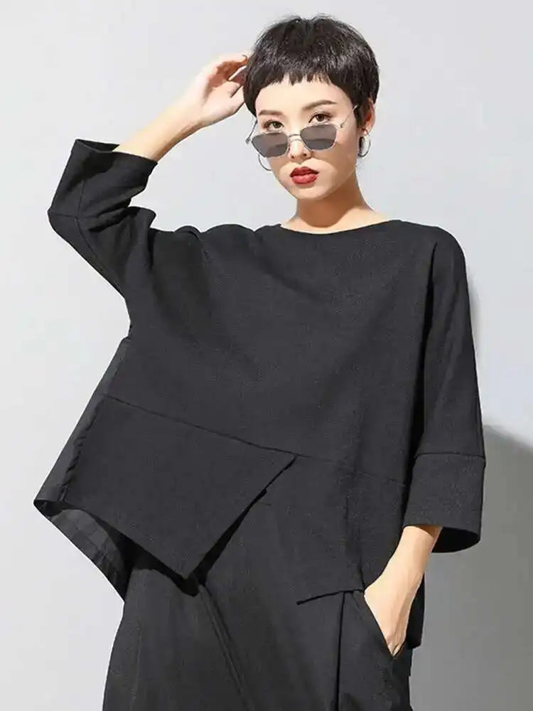Women Black Back Ruffles Big Size Casual T-shirt New Round Neck Three-quarter Sleeve Fashion Spring Autumn 2025 1DF4682