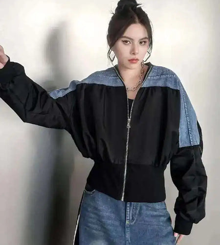 Black Denim Color-block Big Size Casual Jacket New V-neck Long Sleeve Women Coat Fashion Tide Spring Autumn 2025 1DH1842